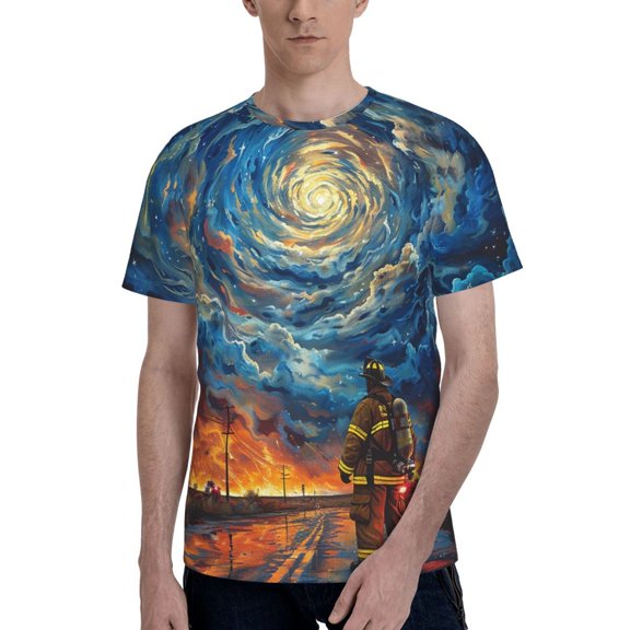 Men's 3D T-Shirt Casual Short Sleeve Funny Tee Tops, Firefighter Cartoon Sky Art