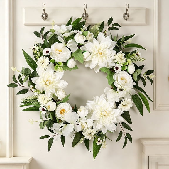 Eolstice Artificial Floral Wreath, 19.6In Spring Summer Wreath Handmade Decorative Door Wreath, Farmhouse Greenery Wreath For Front Door Wall Wedding Home Decor,White