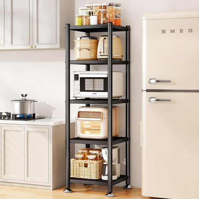 PXRACK 5-Tier Kitchen Storage Shelves, Adjustable Metal Shelves for Storage Pantry Shelves with Rolling Wheels, Storage Rack Shelving Unit Organizer for Bedroom Laundry Closet