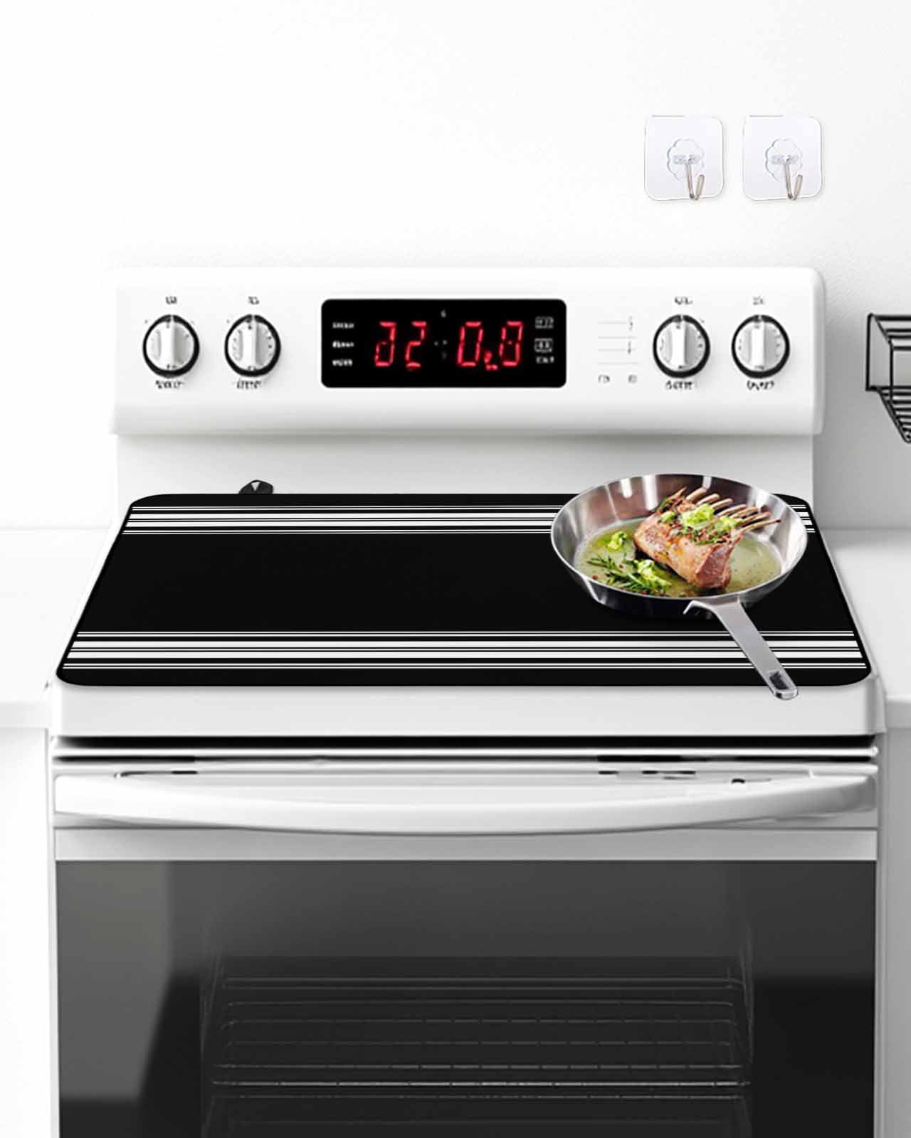 Stove Top Covers for Electric Stove, Black Striped Glass Stovetop Cover Protector, Farmhouse Black White Stripes Induction Cooktop Protector Oven Mat for Kitchen Countertop 28.5"x20.5"