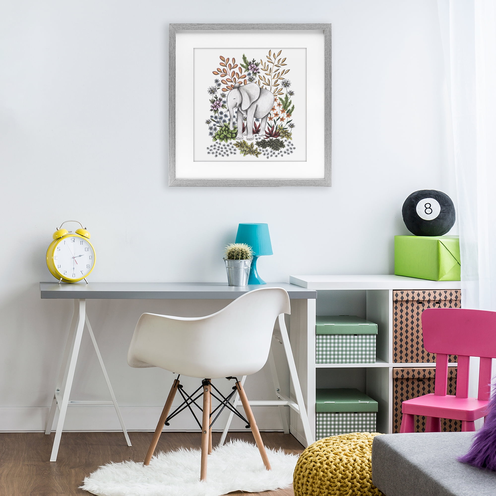 Jungle Wildlife Elephant Gray Framed Print Under Glass, design by Cecilia Battaini