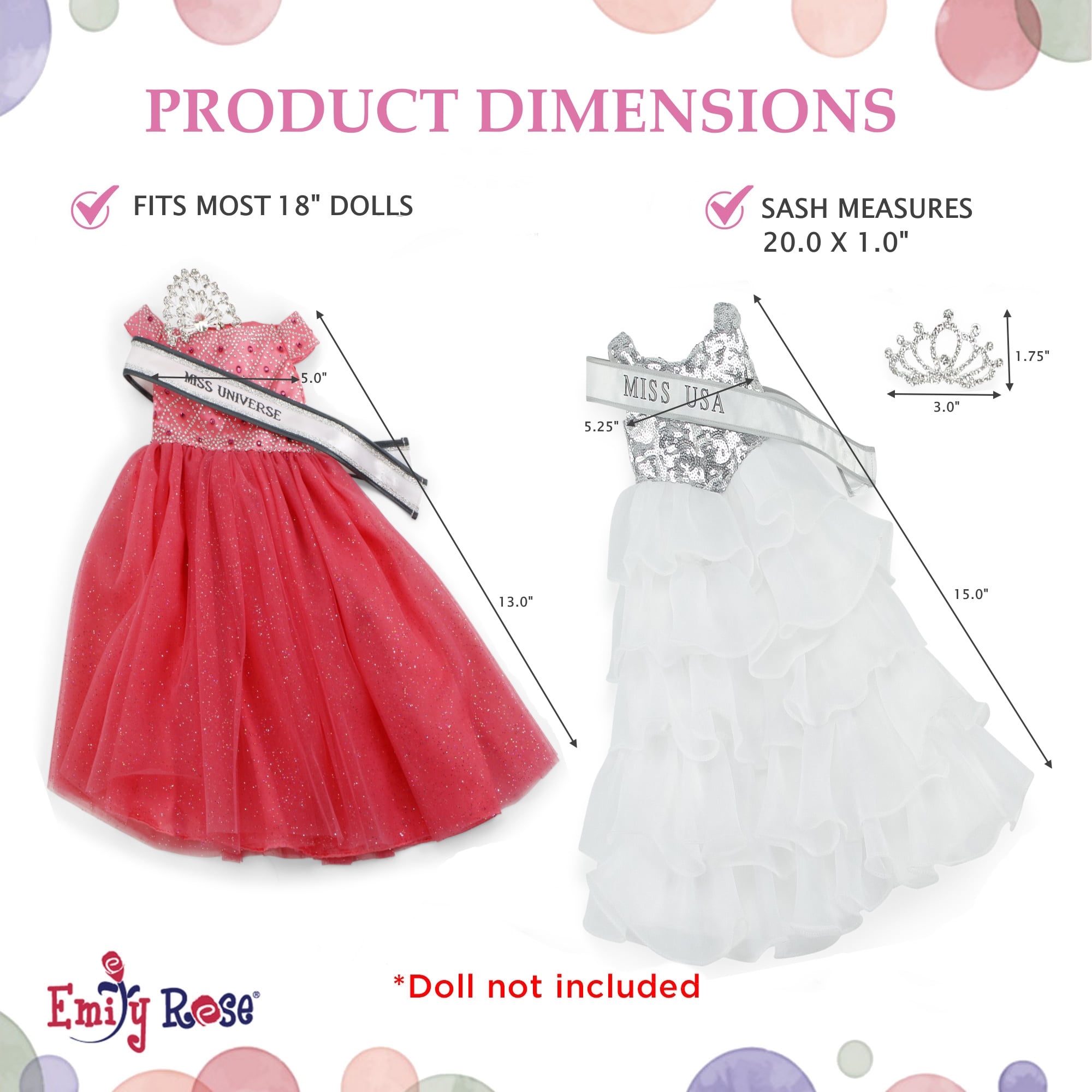 Emily Rose 18-inch Doll Stunning White Pageant Gown Dress & Sash/Crown Outfit Bundled with Our Lovely Salmon Colored Dress & Accessories 18" Doll Clothes Set | Compatible with American Girl Dolls