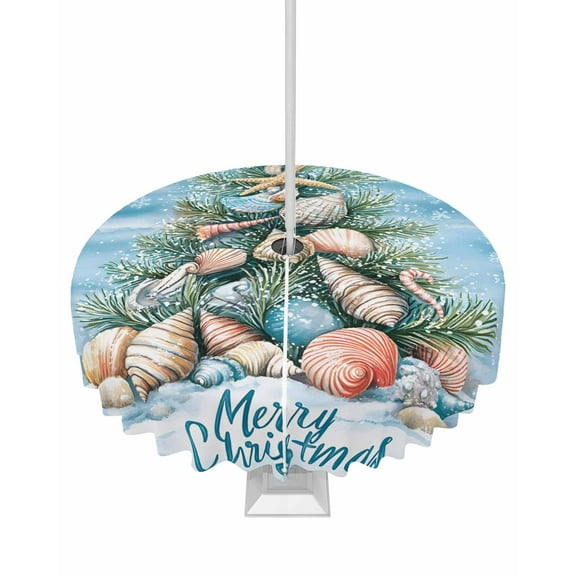 Fsddascl Blue Coastal Christmas Outdoor Tablecloth - 54 Inch Round Dining Table Cover, Nautical Summer Beach Shell Conch Waterproof Outdoor Table Cloth with Umbrella Hole & Zipper for Picnic/Patio