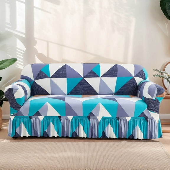 HonorHut Sofa Slipcover with Ruffle Skirt Printed Elastic Full Couch Cover Universal Washable Sofa Cover 1 Seater 35x55 Inch Purplish Blue