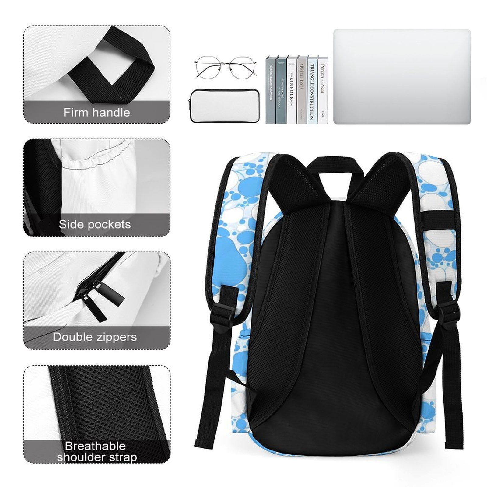 Large Capacity Half Print Backpack 11.8×16.5×5.9in Multifunctional Zipper Design Convenient Switch Milk Cow Skin Print Style PowDerBlue_4