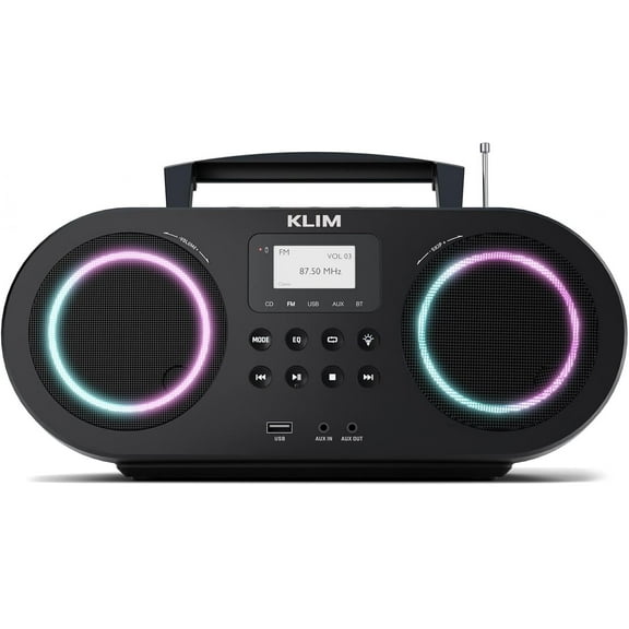Restored KLIM B5 CD Player Portable Boombox, FM Radio w/Bluetooth, LED Lighting, Rechargeable Battery (Refurbished)