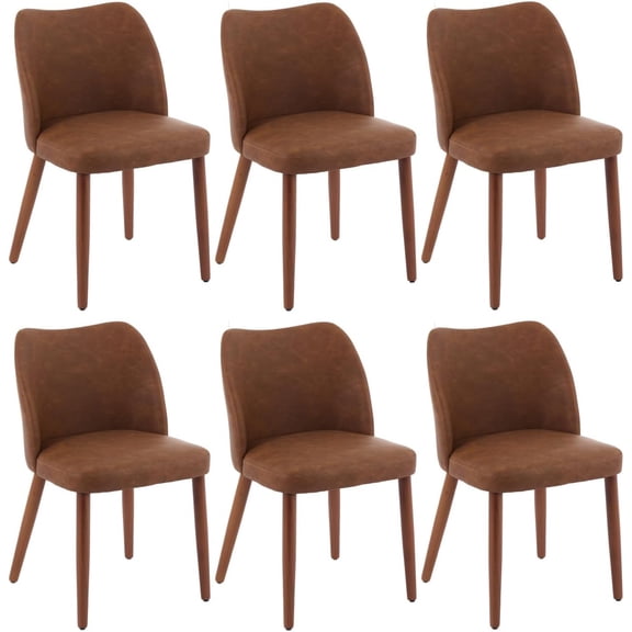 Dining Chair Set of 6, Leather Upholstered Dining Chair with Wood Legs, Wing Backrest, Wooden Kitchen Chair, Kitchen Chairs with Thick Cushions for Dining Room, Living Room, Brown