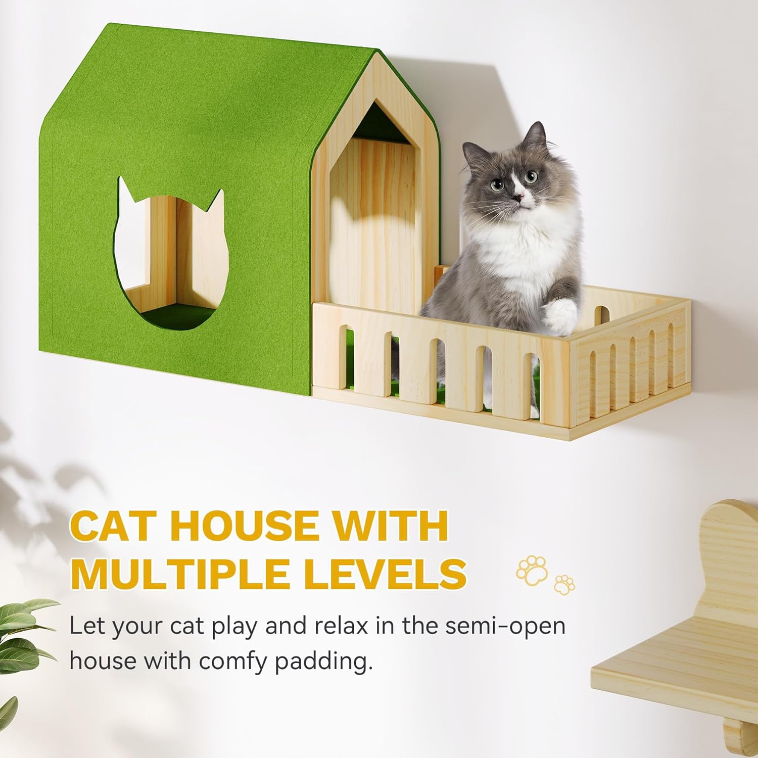 7-Piece  Wall Shelves and Perches Set with Solid Wood Climbing Furniture, Green House and Fence Steps for Indoor Cats