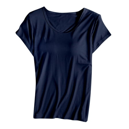 BYHONG Short Sleeved T Shirt with Chest Pad Bra Cup Semi Sleeve Vest Pajamas Pajamas for Women Navy_002 L