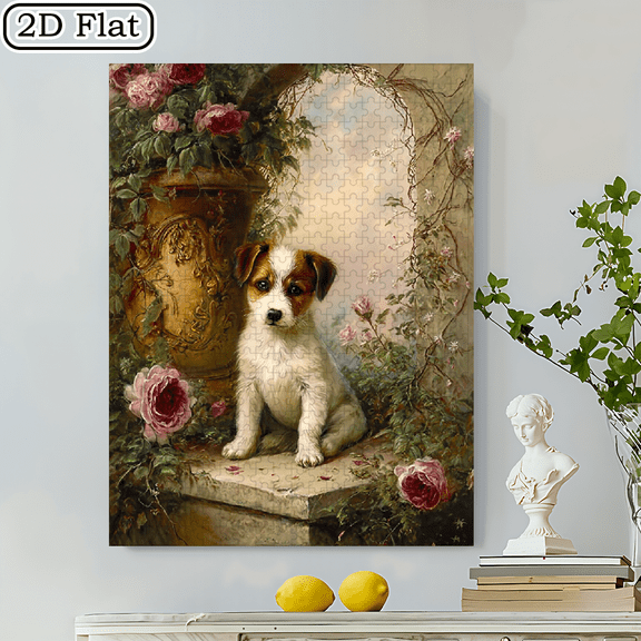 Adult Jigsaw Puzzle, 2D Frameless Paper Puzzle, 500pc, 20.4x14.9 in, Flowers & Puppy Scene with Cute Pet & Colorful Garden Design, Brain Game, Family Game Night, Can Be Wall Decor