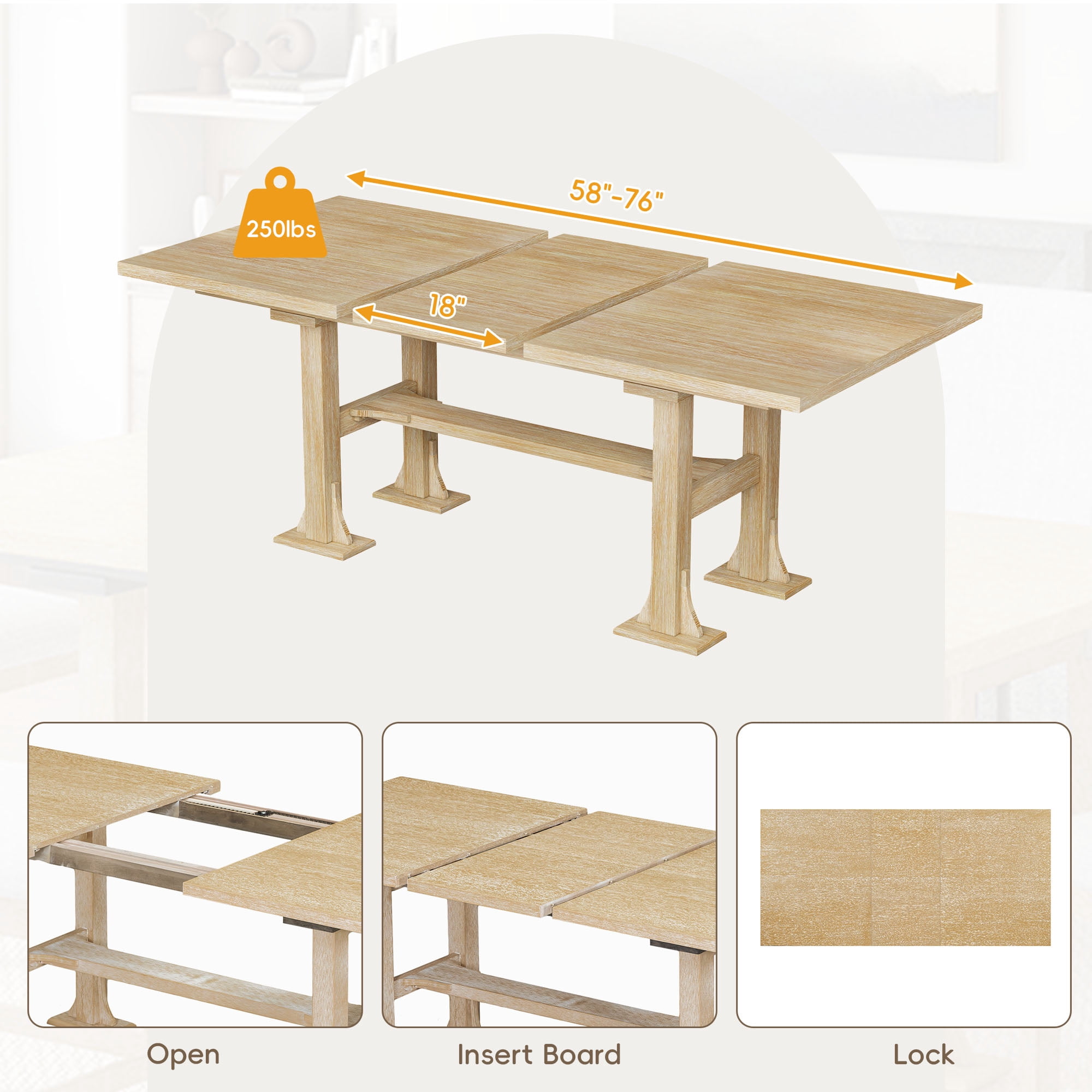 6-Piece Dining Table Set for 6, 58"-76" Extendable Dining Table with Removable Leaf, 4 Chair and Bench