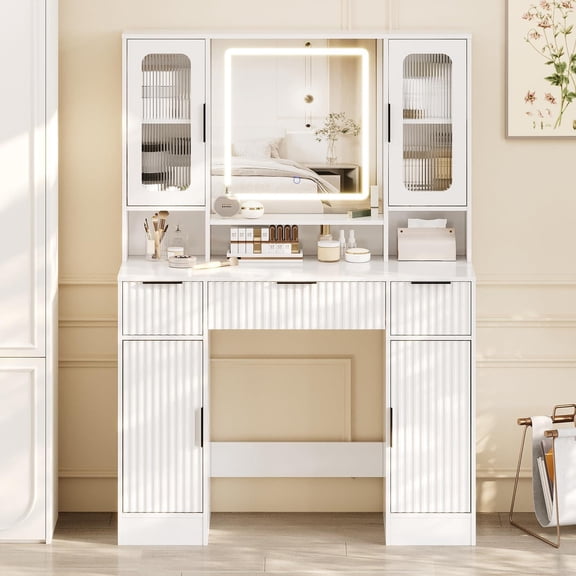 LED Lighted Makeup Vanity Desk with Cabinets, White