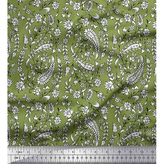 Soimoi Polyester Crepe Fabric Leaves,Floral & Paisley Block Print Fabric by Yard 42 Inch Wide