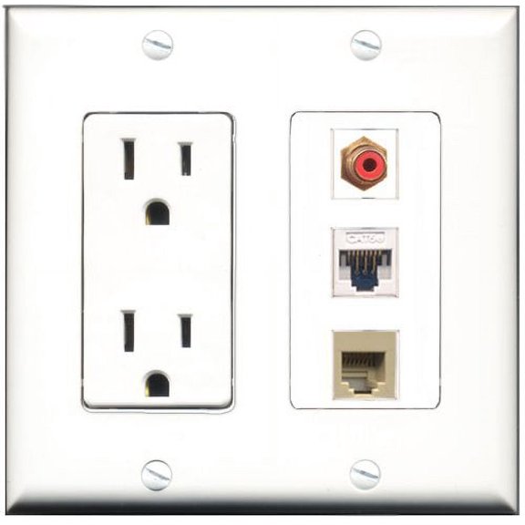 RiteAV - 15 Amp Power Outlet 1 Port RCA Red 1 Port Phone Beige 1 Port Cat5e Ethernet White Decorative Wall Plate