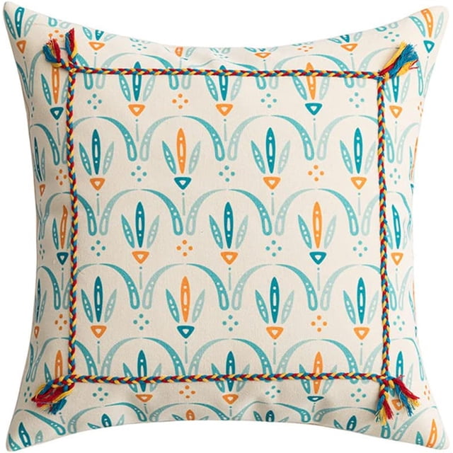 Housse de Coussin Boho avec Pompons, Imprimé Géométrique sur Toile Décorative Housse de Coussin Carrée Rayée Tissée Style Ferme pour Lit Canapé Décoration Maison (Type C,18"x18 Pouces)