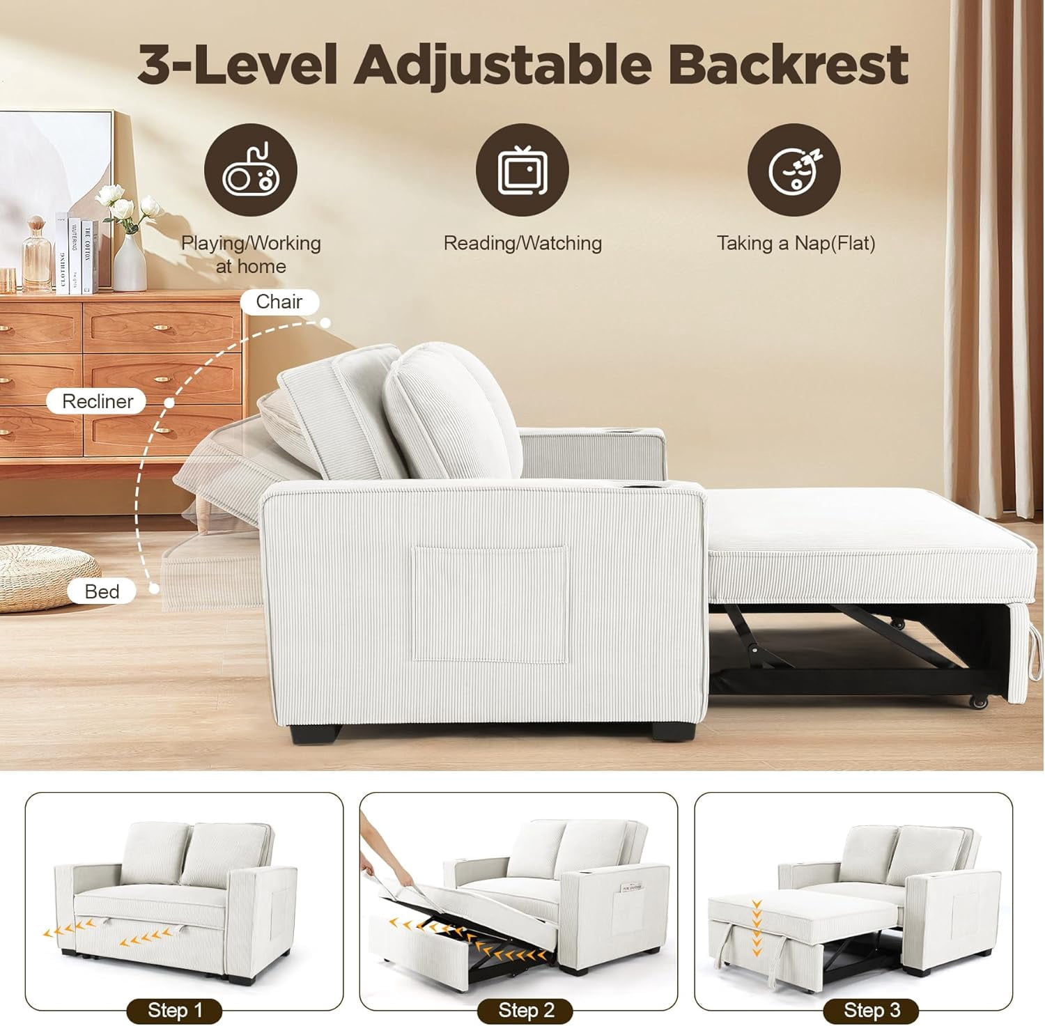 Tapoja 3-in-1 Convertible Sleeper Sofa Bed, Linen Fabric Pull Out Couch Bed, Loveseat with Spring Support, Adjustable Backrest Perfect for Dorms, Apartments, and Home Offices Dark Grey