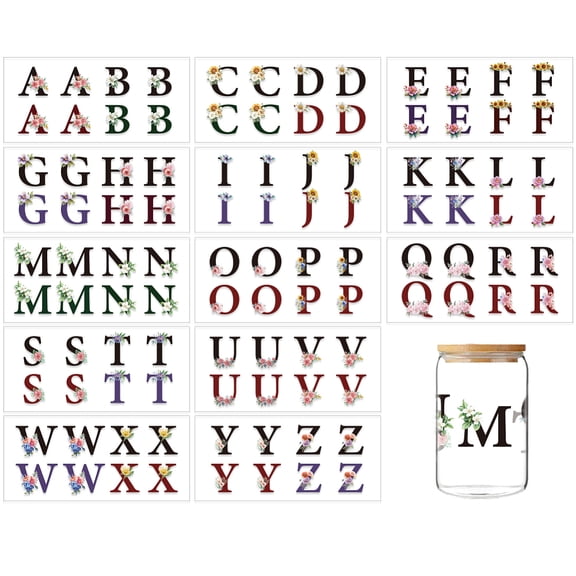 1set 13 Sheets UV DTF Cup Wraps Sticker Letter A~Z UV DTF Cup Wrap for 16OZ Glass Flower Design Alphabet Transfer Stickers on UV DTF Transfer Decals for DIY Glass Cups Wood Crafts PVC