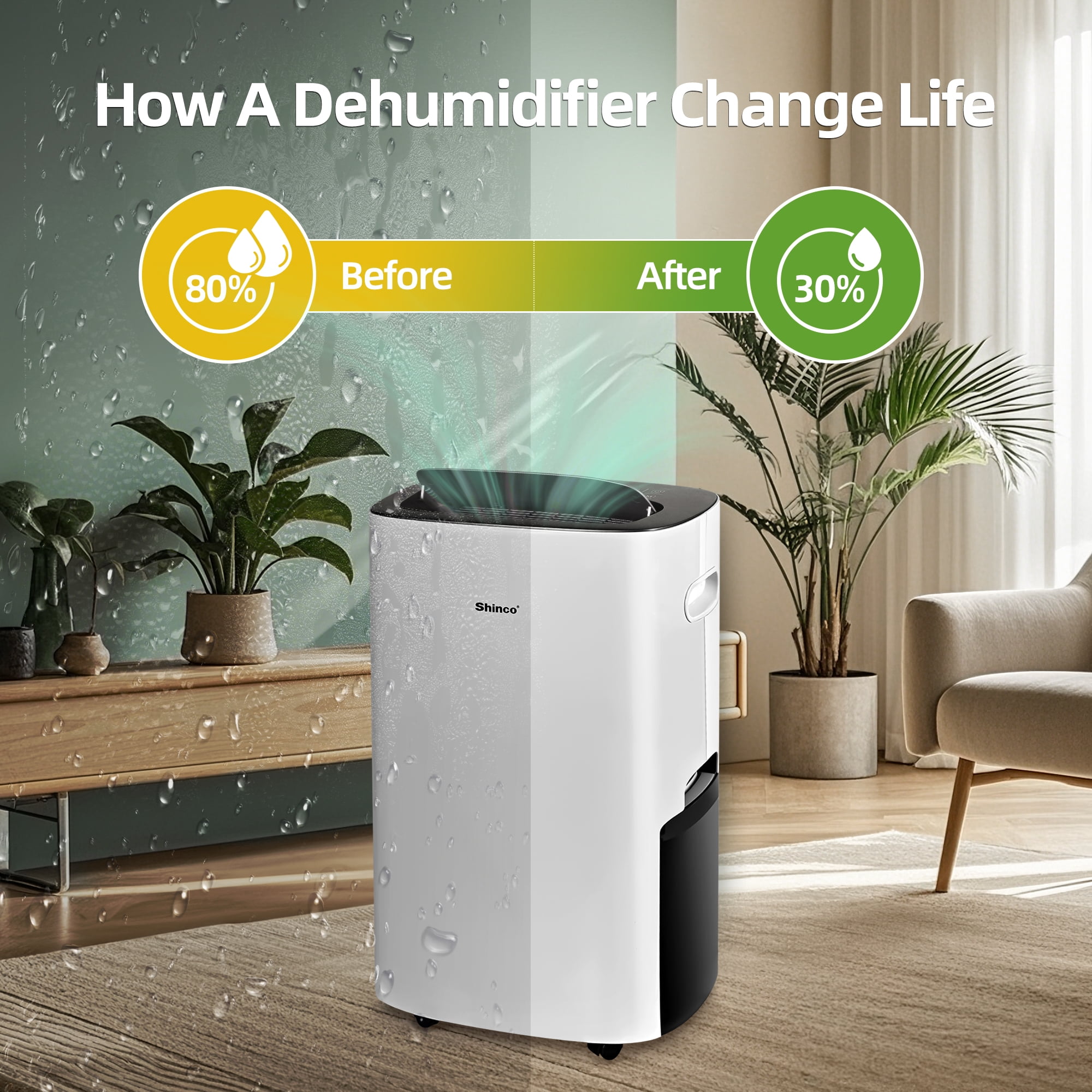 85 pt. 5,000 sq.ft. Portable Dehumidifier in White, with Auto Defrost, Variable Speeds, Continuous Run, 24H Timer
