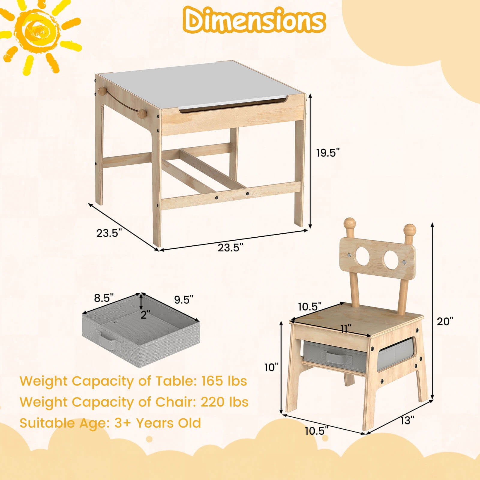 Costway Kids Table and Chairs Set 4 in 1 Children Activity Table with Reversible Whiteboard Gray+Natural