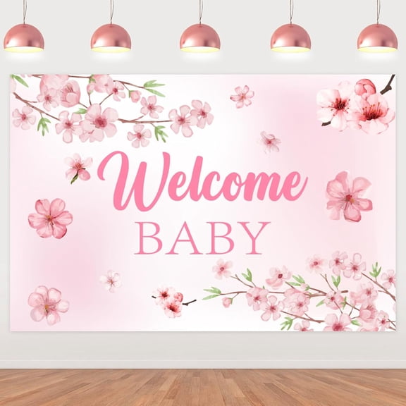 Fangleland Cherry Blossom Baby Shower Decorations for Girls, Welcome Baby Backdrop Pink 5x3ft Sakura Photography Background for Baby Shower Gender Reveal Party Supplies