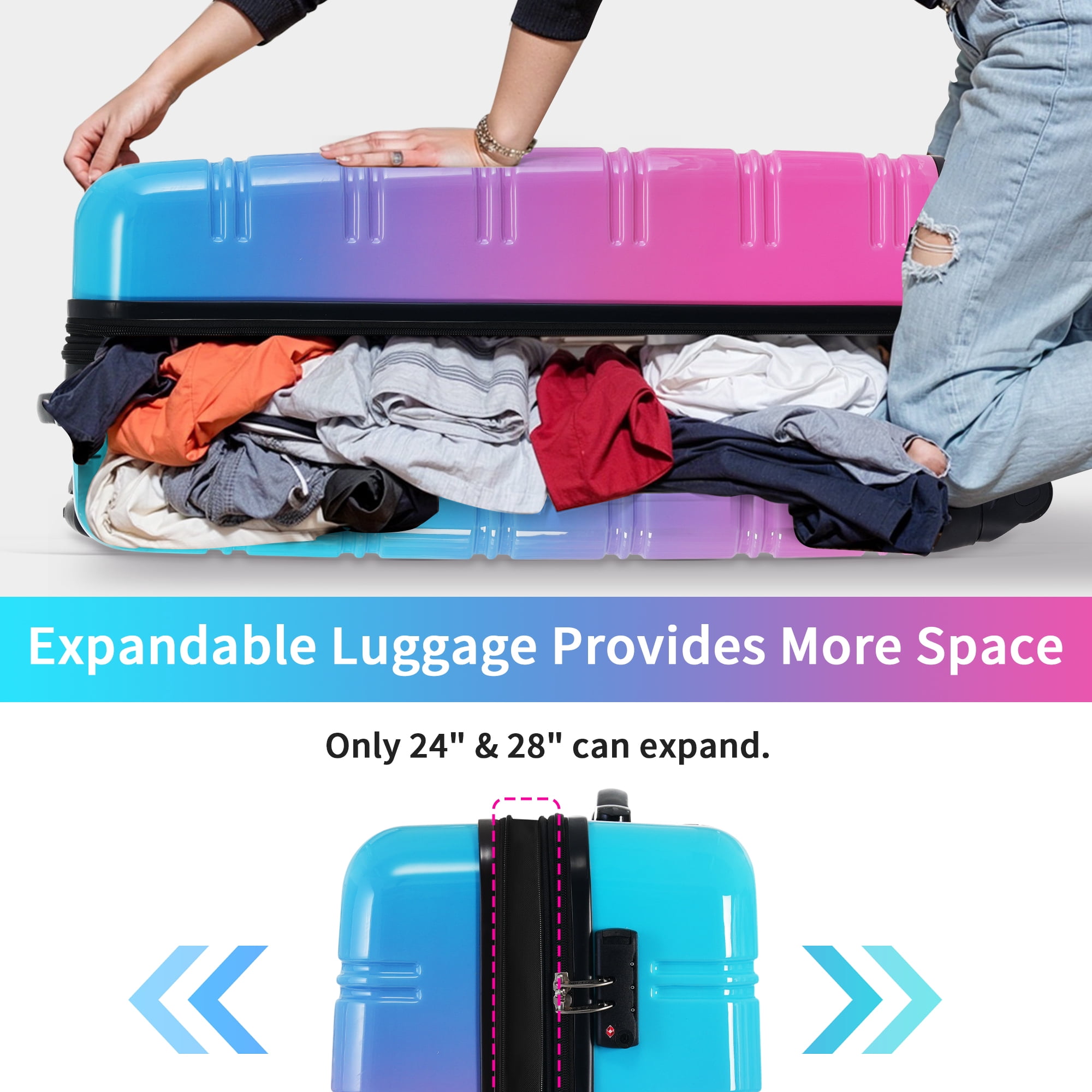 Euroco Hardshell 3 Piece Luggage Sets, Gradient Color Expandable Suitcase Set with TSA Lock and Spinner Wheels,Lightweight Durable Travel Luggage Set for Family Trip(20"/24"/28"),Blue+Red