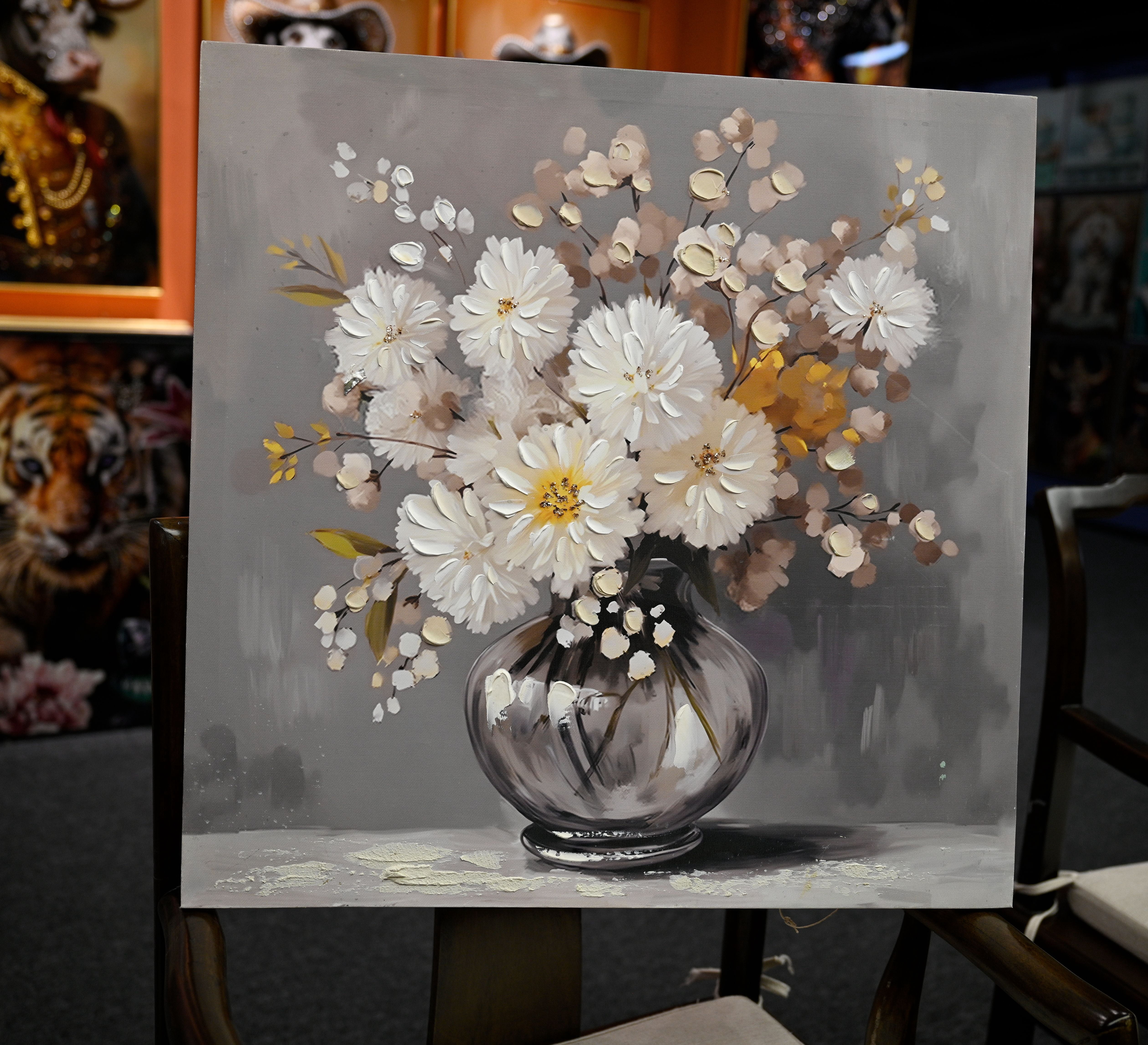 Euroco White Chrysanthemum Glass Vase Canvas Wall Art, Vintage Artwork Country Style Wall Decor Pictures,Botanical Posters Prints for Bathroom Bedroom Decoration,24x24inch