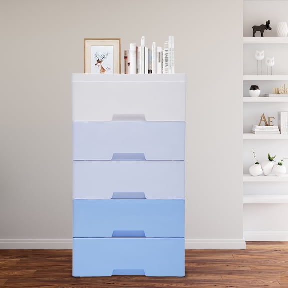 31.5In Gradient Blue 5-Tier Wheeled PP Storage Cabinet Full Pull Out Anti-Drop Drawer Organizer