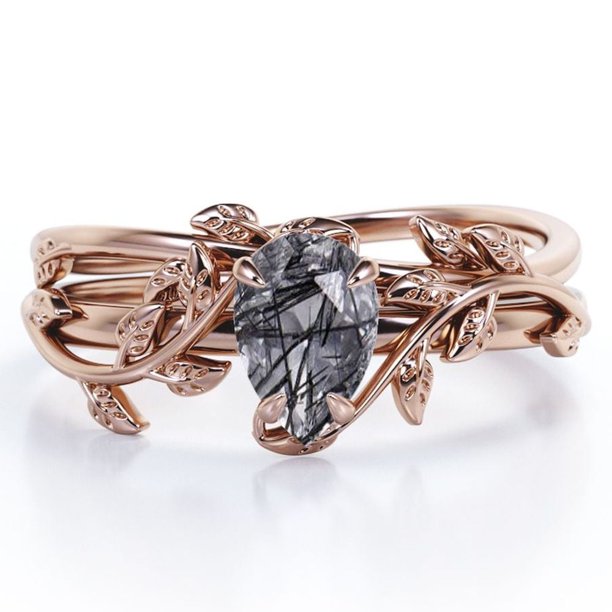 JeenMata Anillo Nupcial con Diseño de Hojas de Cuarzo Rutilado Negro Druzy Transparente en Forma de Lágrima de 1 Quilate con Engaste en Garras en Baño de Oro Rosa de 18 K sobre Plata