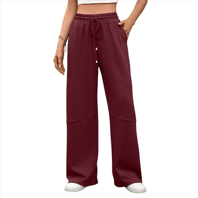 Pantalones Deportivos Anchos de Cintura Alta para Mujer, Holgados y con Cordón, A para Adolescentes Vino Tinto S