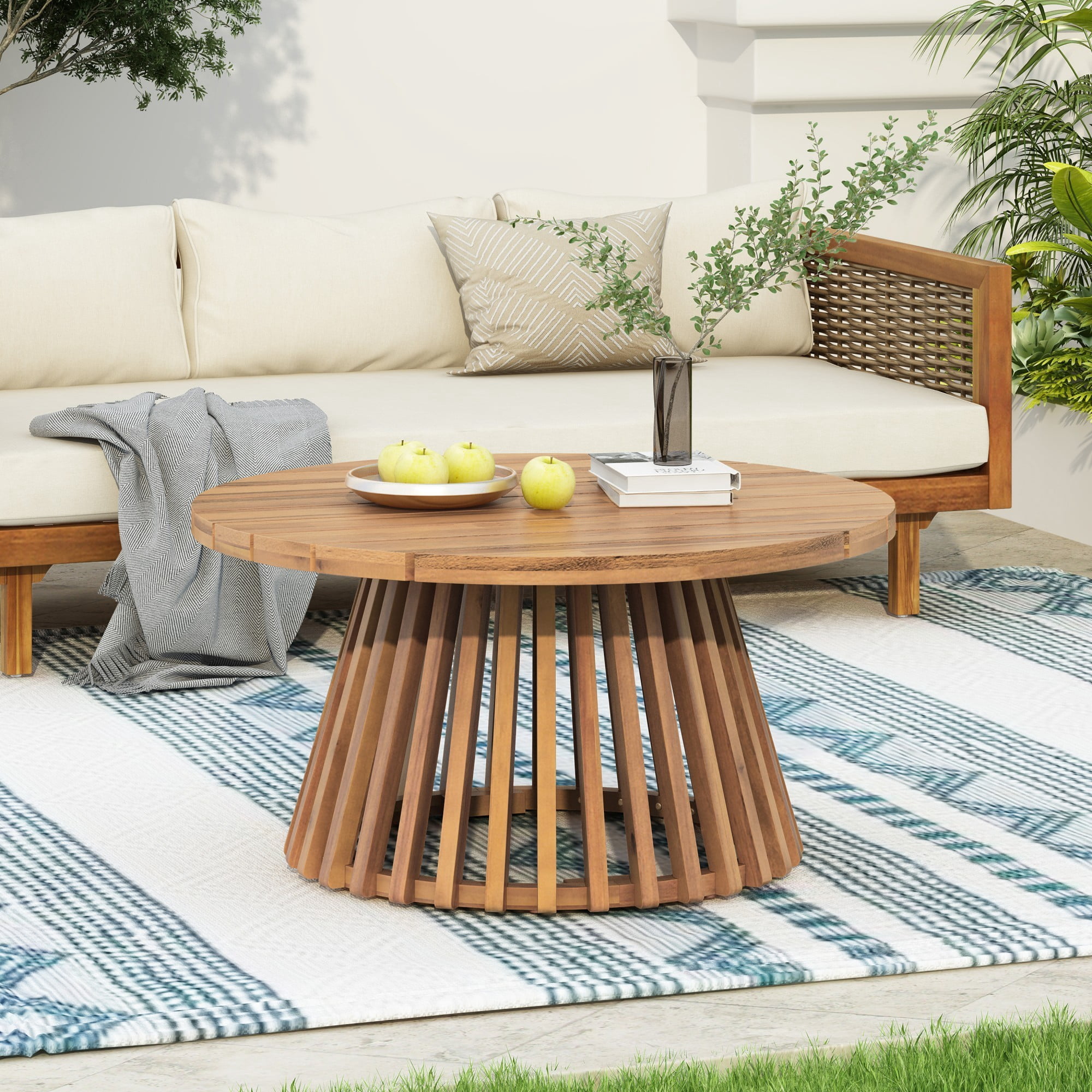 Outdoor Acacia Wood Coffee Table, 31.5" Round Patio Coffee Table for Backyard Balcony Lawn, Weather Resistant Wood Table, Light Teak