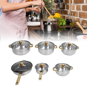 6 Pcs Kitchen Pots and Pans Set, Acier inoxydable Poignée dorée Non Stick Kit de vaisselle Pots de soupe Pot de lait Bouilloire, verre trempé Lids Lave-vaisselle et ustensiles de cuisine sans danger