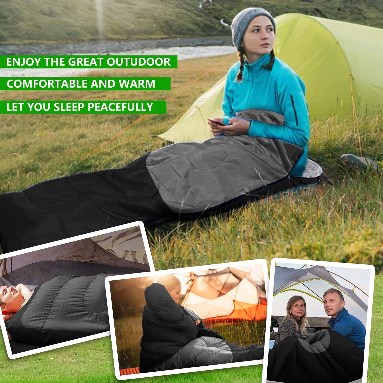 Teblint Camping Sleeping Bag for Adults Kids, Cold Weather Warm Sleeping Bag with Compression Bag for 3 Seasons, Compact Camping Essentials Gear Accessories Hiking Sleep Must Haves-Black