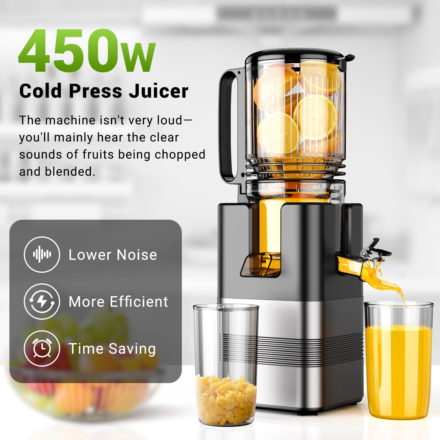 TINANA Cold Press Juicer Machine, 5.4 In Wide Feed Chute, Up to 450W Professional Slow Masticating Juicer for Whole Vegetables & Fruits, Batch Juicing, Reverse Function to Clear Blockages, MP-802T