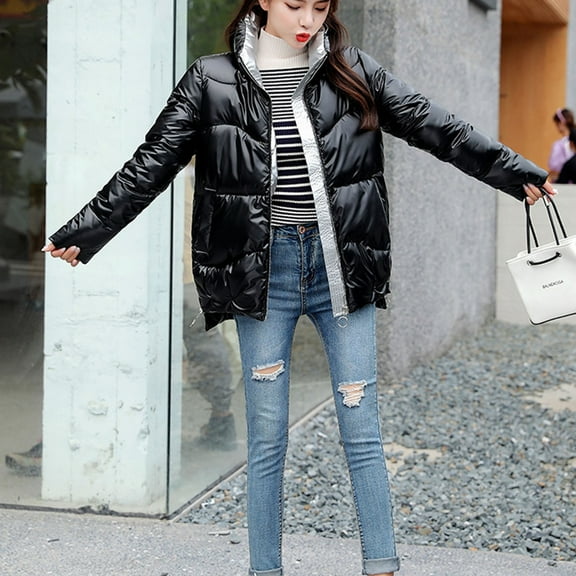 AOOCHASLIY Women Winter Coat Women Fashion Casual Hoodless Zippers Loose Long Sleeve Warm Blouse Coat Jackets