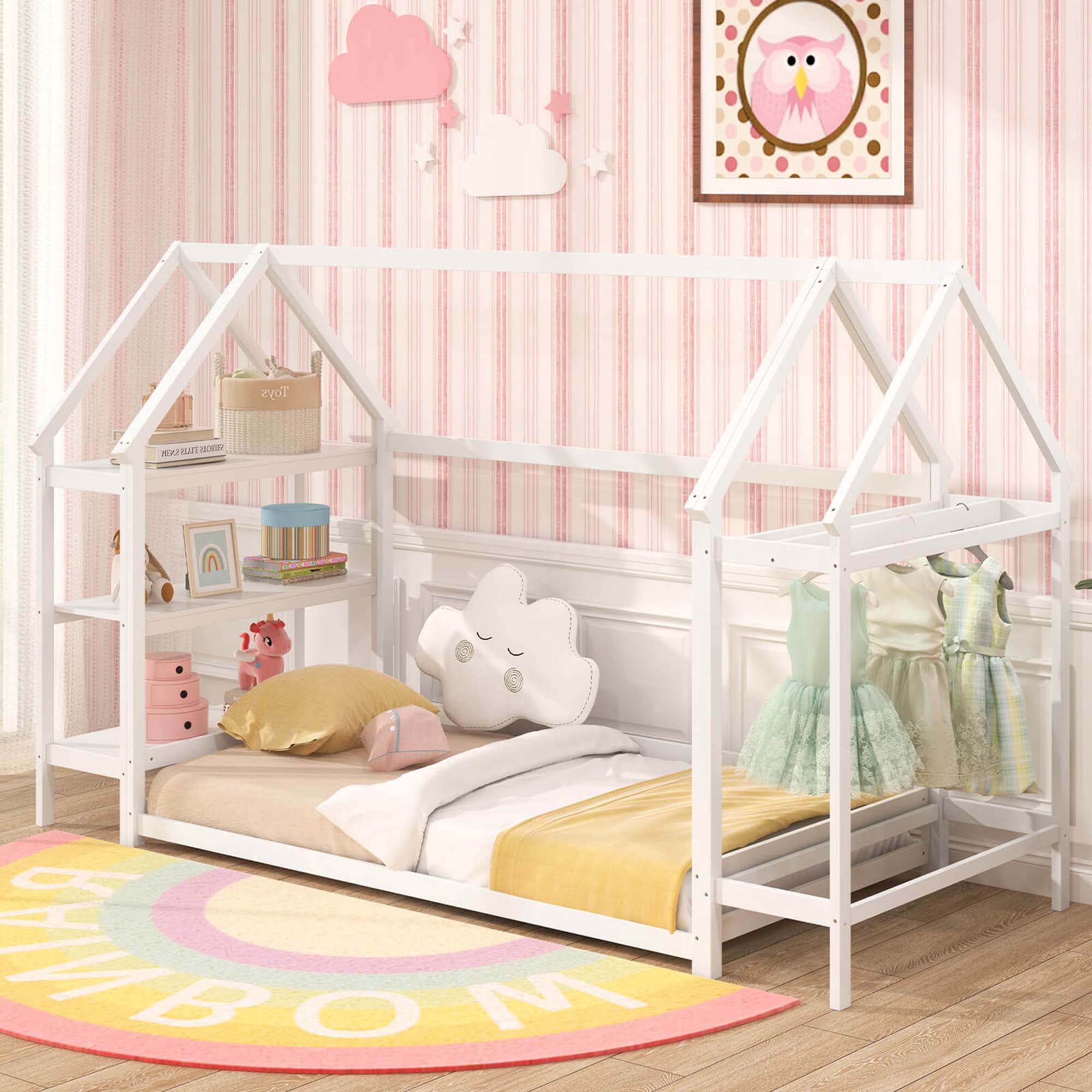 Costway Twin Size House Bed Montessori Floor Bed with Detachable Storage Shelves White
