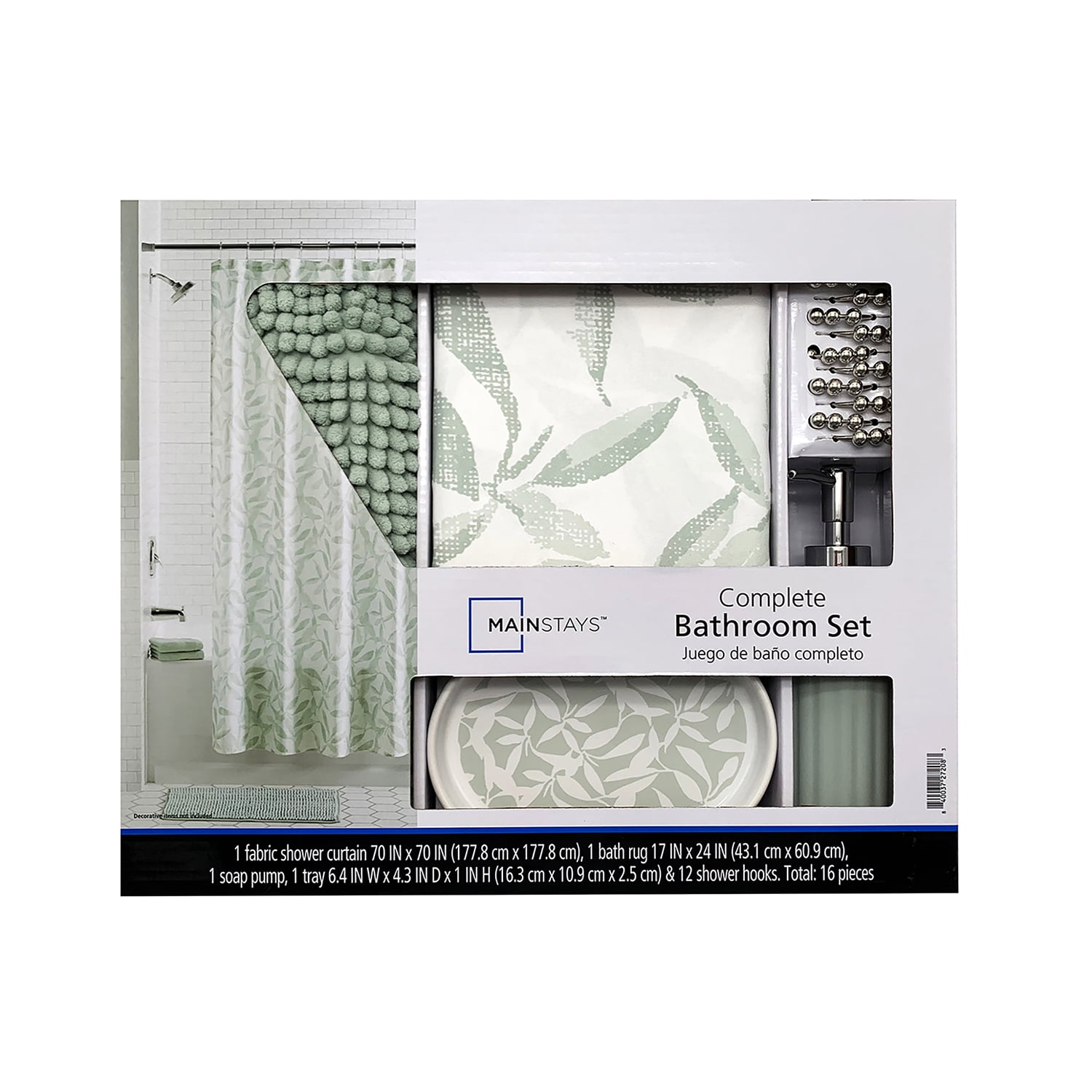 Mainstays 16-Piece Green Leaf Shower Curtain Bathroom Set - Fabric Curtain with Rug, Hooks, Soap Dispenser & Tray