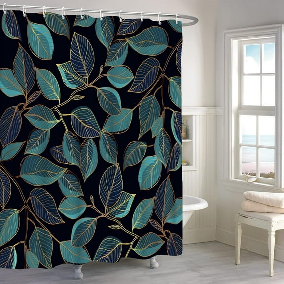 Teal Leaves Shower Curtain, Plant Tree Black Bathroom Curtain, Modern Botanical Natural Shower Curtain Set with 12 Hooks for Bathroom, 72Wx72L inch