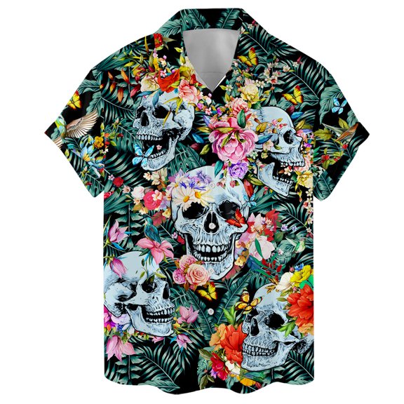 Floral Skull Hawaiian Shirt For Men Skull And Flower Shirt Tropical Mens Hawaiian Shirts Short Sleeve Button Down Shirt Men