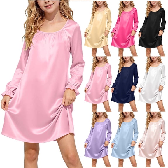 Auroural Girls Dress Satin Girl'S Solid Color Round Neck Long Sleeve Dress Homewear Sleeping Dress Kids