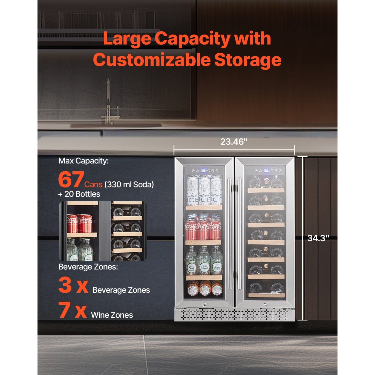 KFFKFF Wine and Drink Cooler, 24 inch Double Area Beverage Fridge, Integrated & Detachable Refrigerator with Transparent Doors, Modifiable Racks, Electronic Temp Regulation