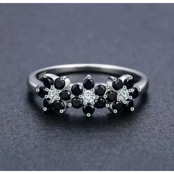Flower 1Ct Round Cut Simulated Black Diamond Women Engagement Ring 14k White Gold Plated 925 Sterling Silver