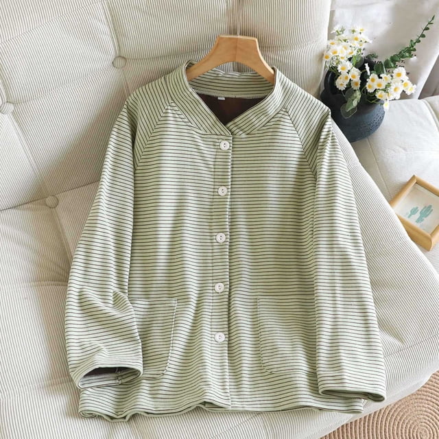 Ropa interior térmica para mujer, pijama de invierno de terciopelo a rayas con cuello en V, manga larga y bolsillo para el hogar, top de poliéster para mujer