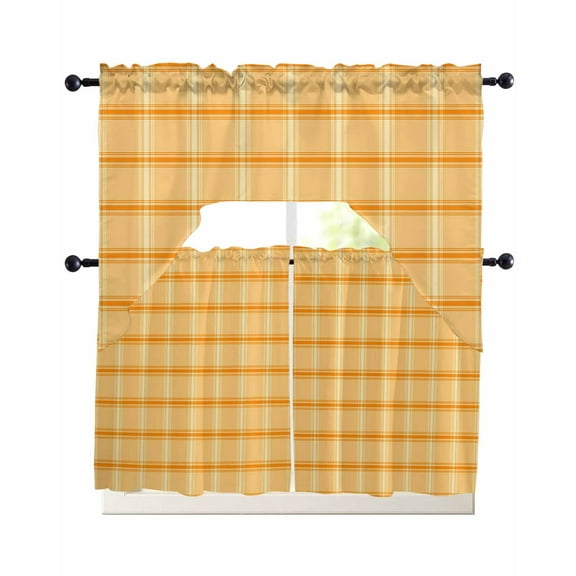 Yellow Orange Plaid Kitchen Curtains Sets 36 Inch Length with Valance, Country Buffalo Gingham Striped Swag Valances and Tiers Curtain Set Drapes Swag Curtains for Living Room, Bathroom, Bedroom