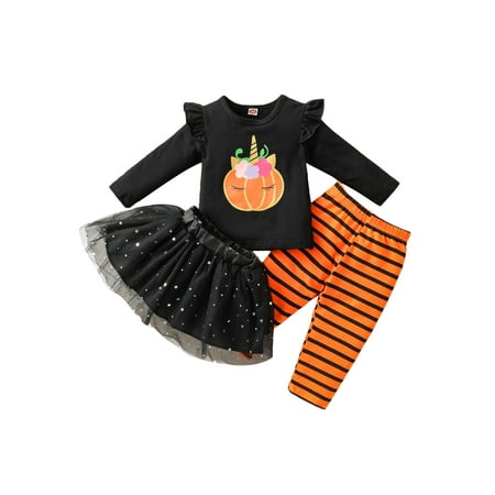 

Sunisery Little Girls Halloween Three-piece Clothes Set Black Round Collar Pullover Leggings and Yarn Skirt