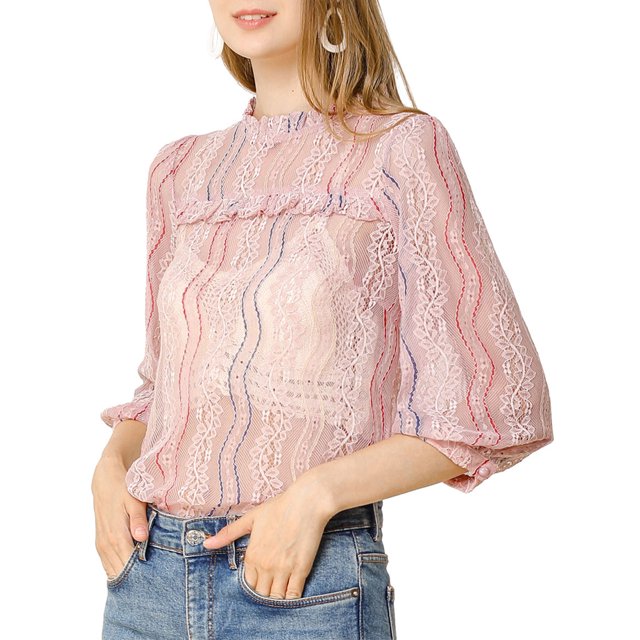 INSPIRE CHIC Haut en Dentelle Transparente à Col Montant à Volants Manches 3/4 pour Femmes