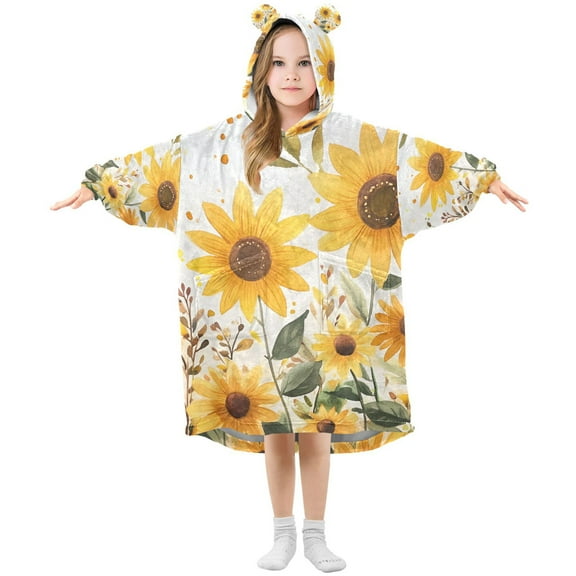 FORMRS Wearable Blanket Hoodie with Sleeves for Kids Cozy Flannel Sweatshirt, Beige Sunflowers