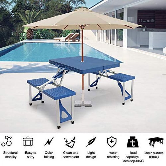 Folding Tables, Outdoor Tables One-Piece Folding Table and Chair, with 4 Seats Suitable for Courtyard, Indoor, Outdoor, Field Camping, etc. Plastic PS Thickening