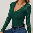 thumbnail image 4 of Delayuji Women's Long Sleeve Shirt Basic Layer Spring Solid Color V Neck Lace Mesh Sleeve Splicing Slim Fit Long Sleeved T Shirt Green, 4 of 7