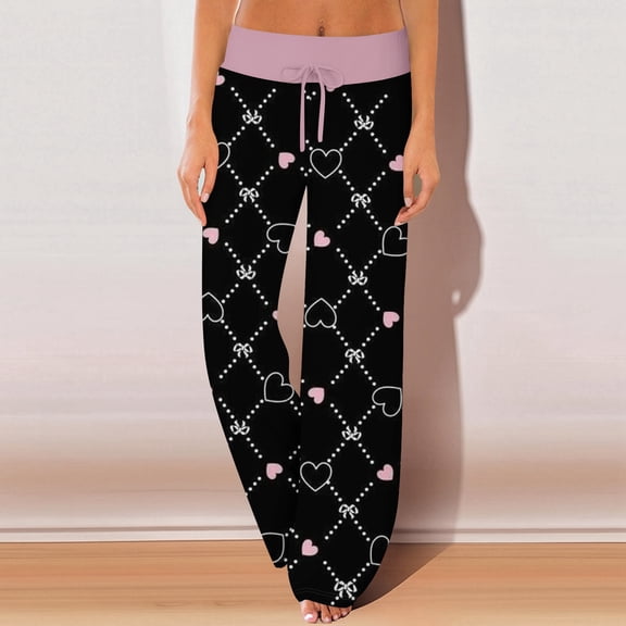 LEJHVAQK Women's Valentine's Day Pajama Pants Heart Printed Pjs Wide Leg Lounge Pants with Adjustable Comfort Waist Drawstring Sleepwear