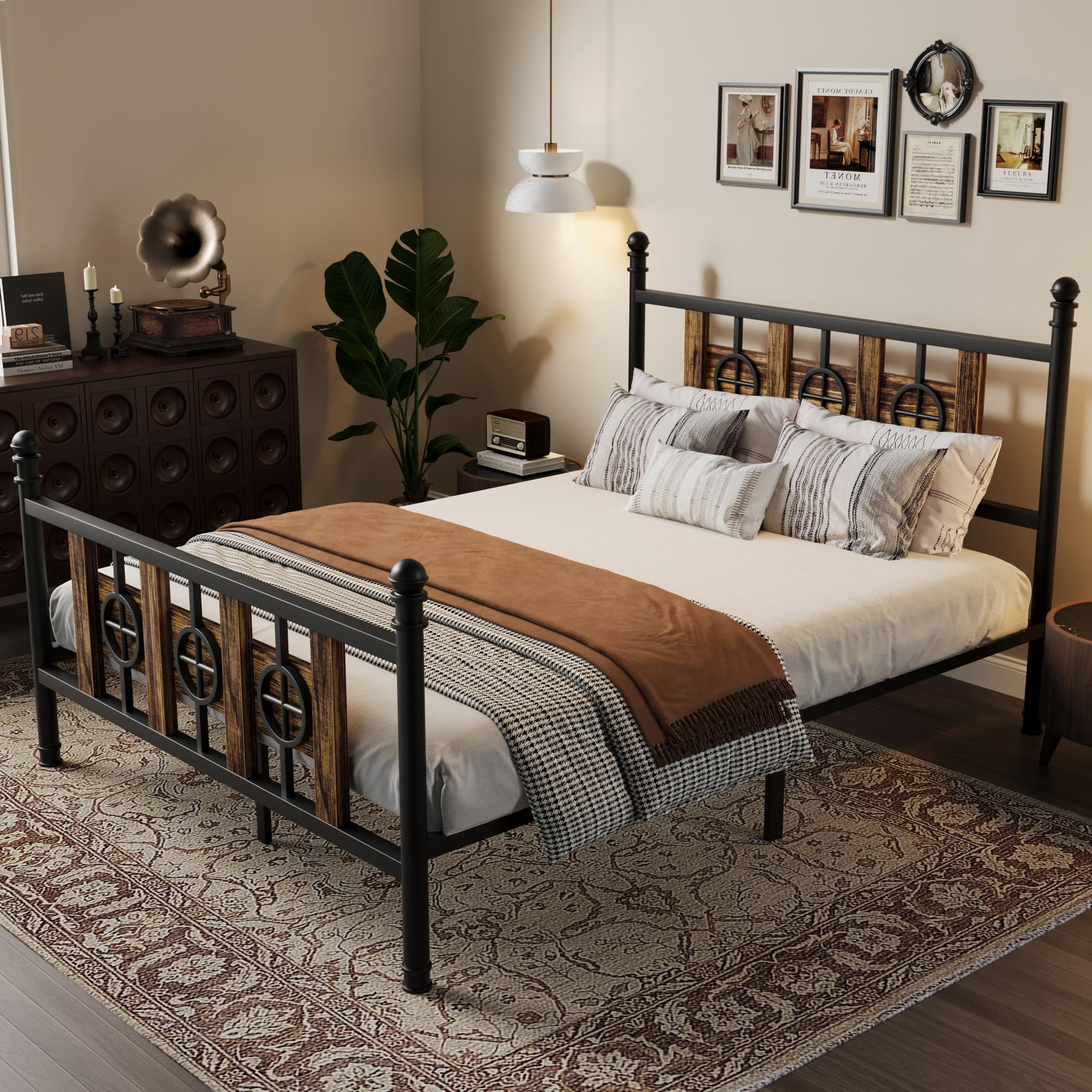 Garvee Queen Size Bed Frame with Headboard and Footboard, Storage Space Under Bed &  Metal Queen Bed Frame w/ Vintage Circular Design, No Box Spring Required, Easy Assembly, Noise-Free Brown